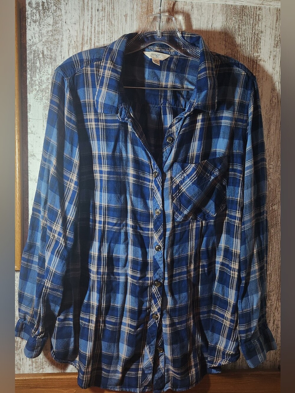 Terra & Sky Blue Plaid Button-Down Shirt with Pocket